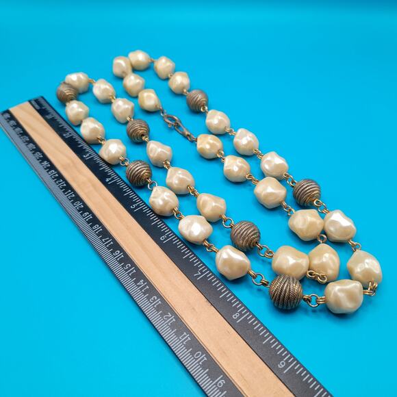 Vintage Wire Wrapped Beaded Necklace, Beige Pearled Gold Rope Beads, 36" - Picture 10 of 12